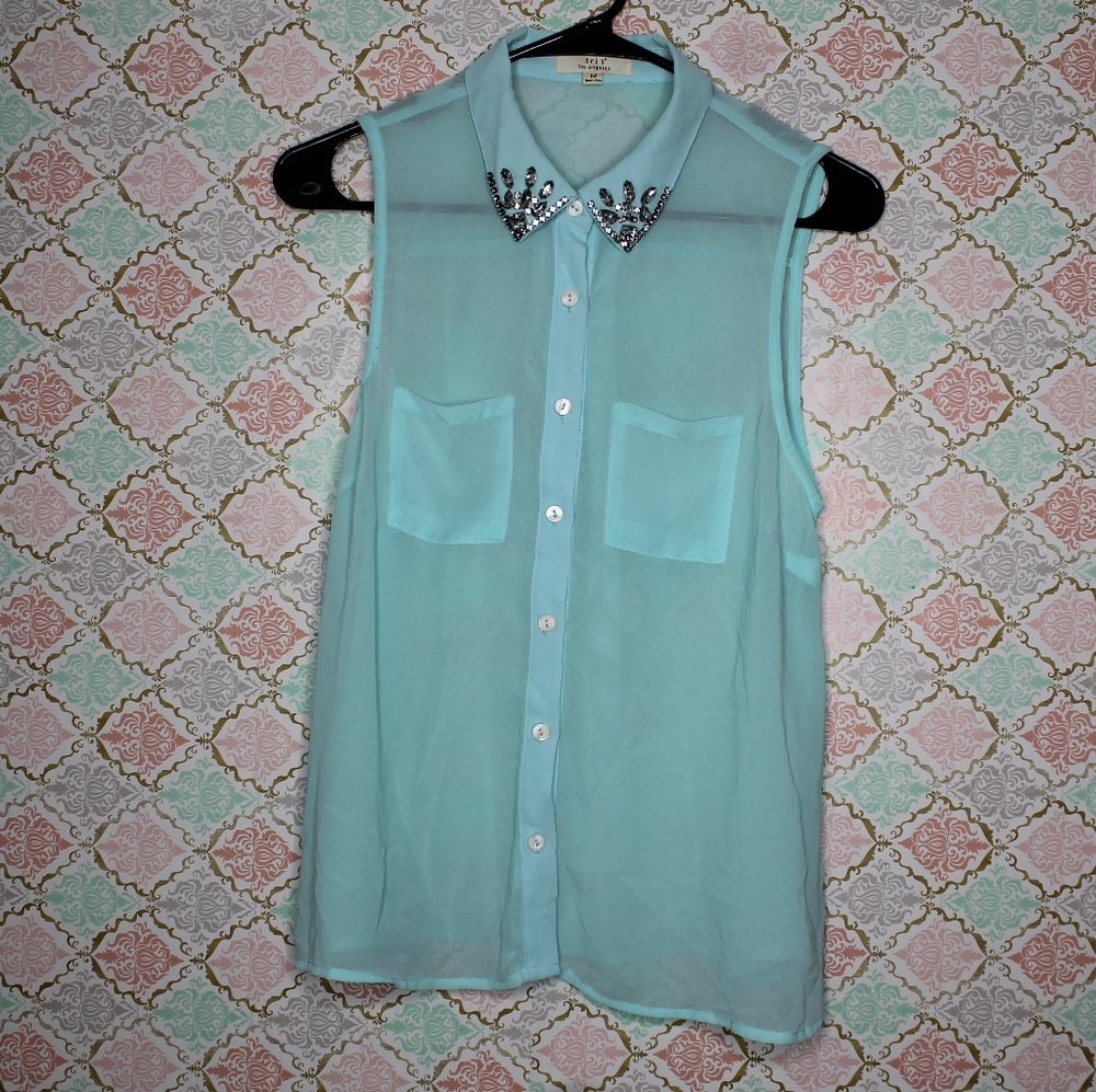 Chiffon Button Down Crop Top with Bedazzled Collar